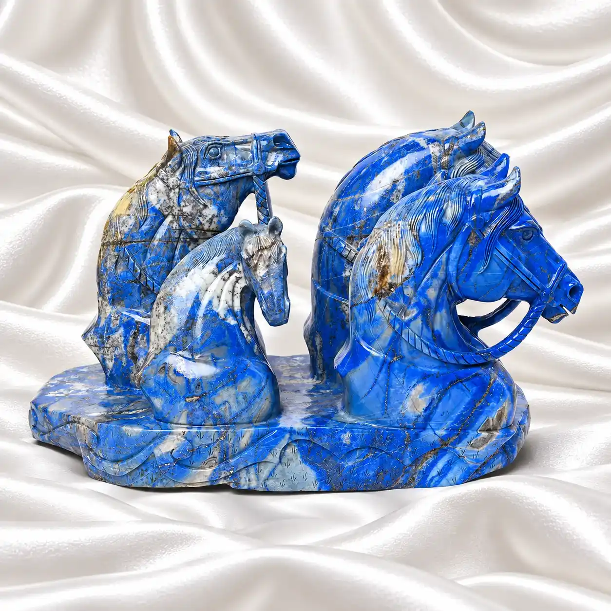 Exquisite Carving of 4 Horse Bust Together in Lapis Lazuli