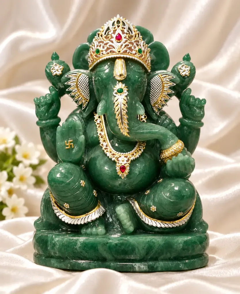 Green Jade Carved Ganesha Statue with Silver & Gold Work