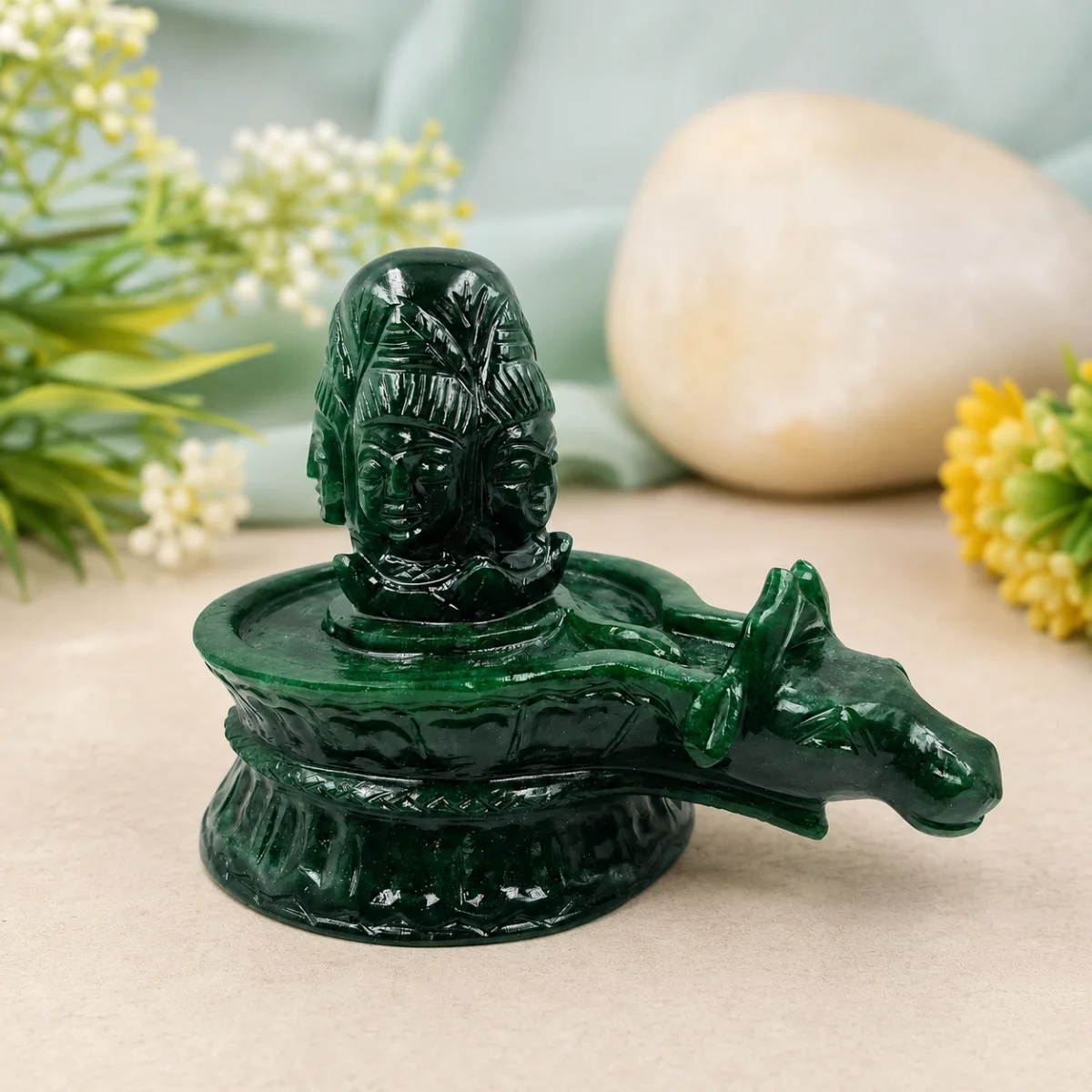 Green Jade Panchmukhi Shivling (500 g, 4 Inch)