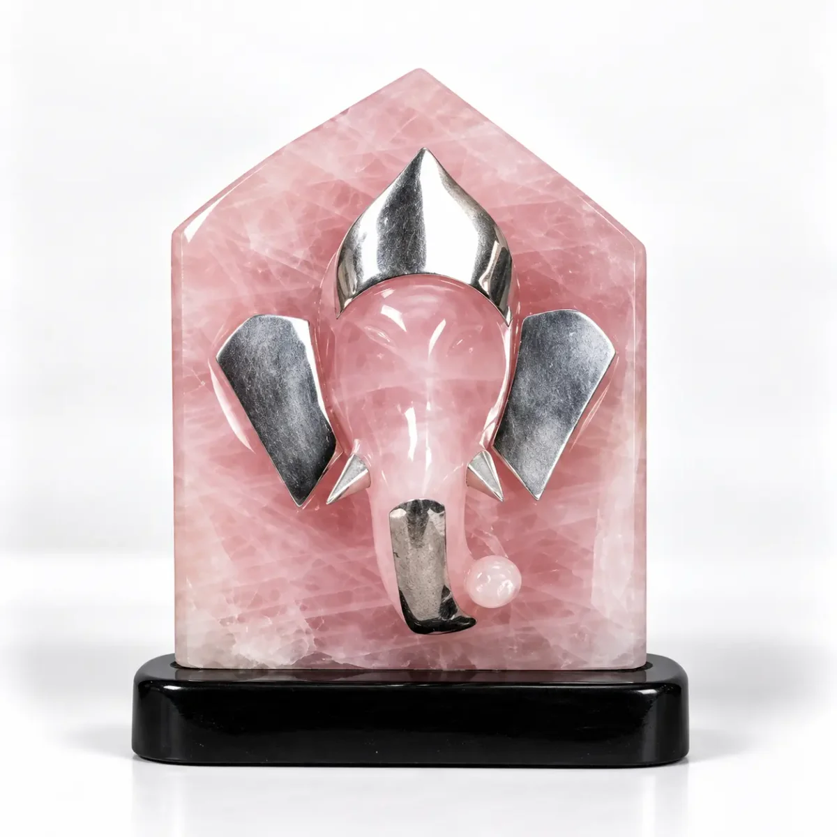 Hand Carved Rose Quartz Ganesha with Sterling Silver (371 g, 4.2 Inch)