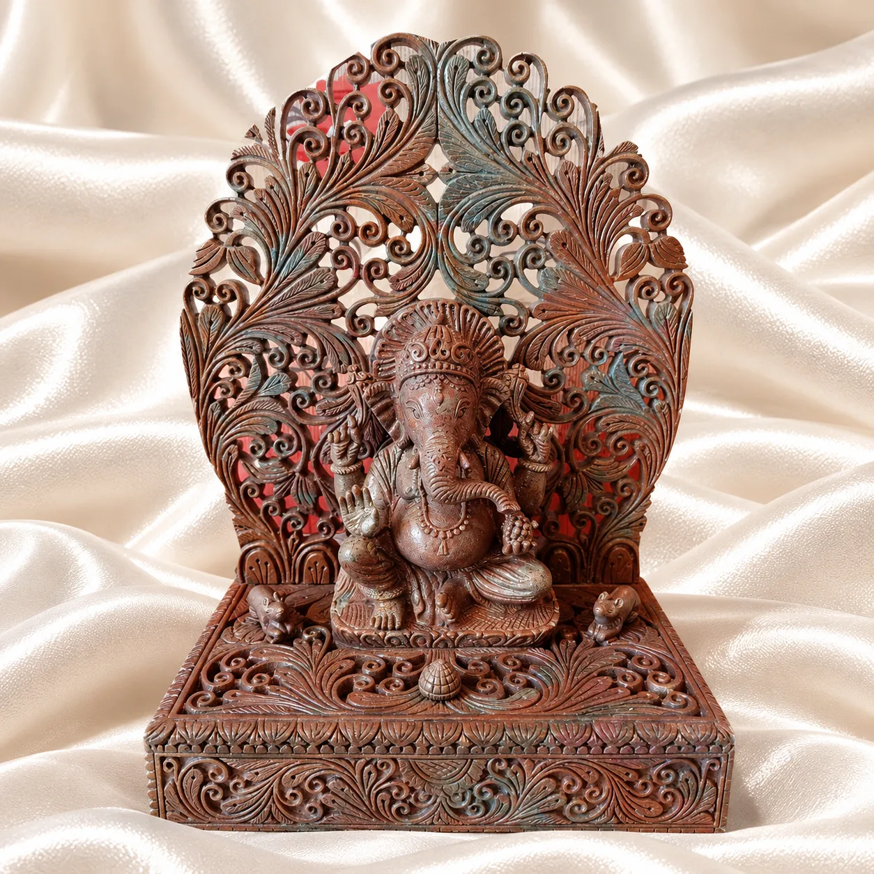Intricately Carved Wooden Ganesha Shrine