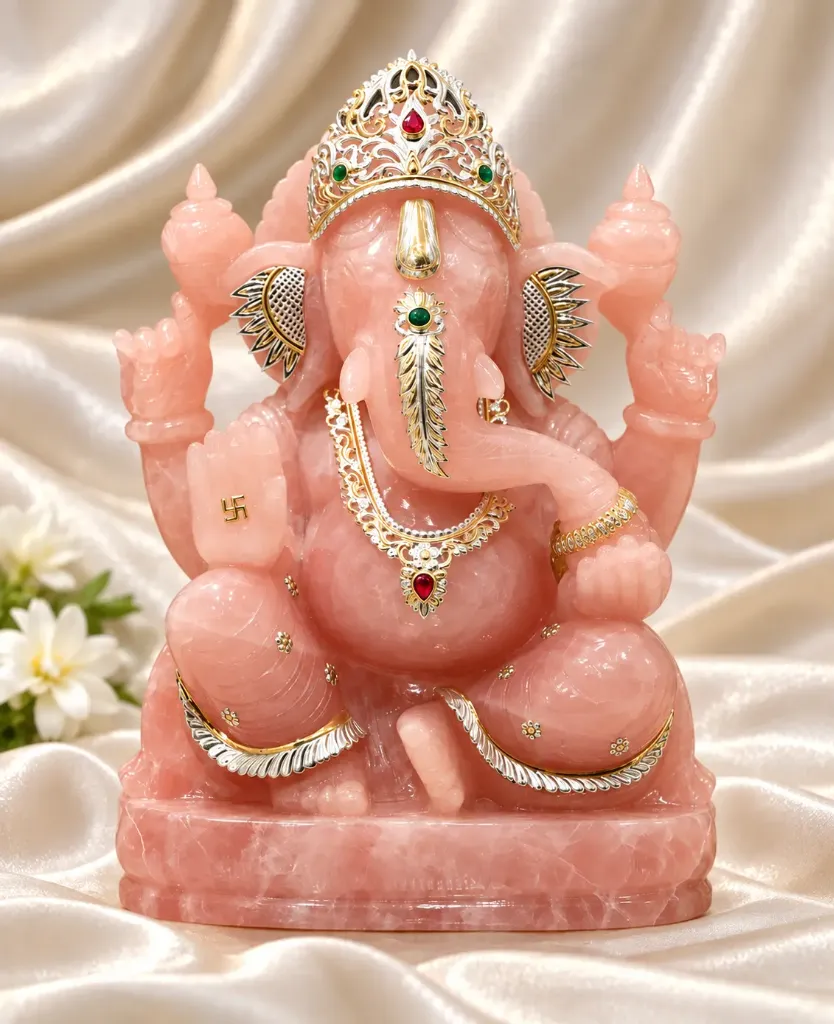 Rose Quartz Ganesh with Silver Work Idol for Luxury Decor